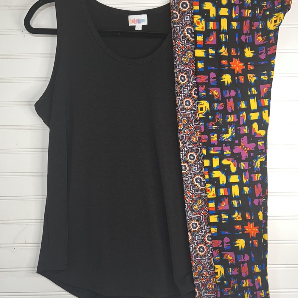 3 piece outfit Large solid black LulaRoe tank top matching OS Leggings set BNWT